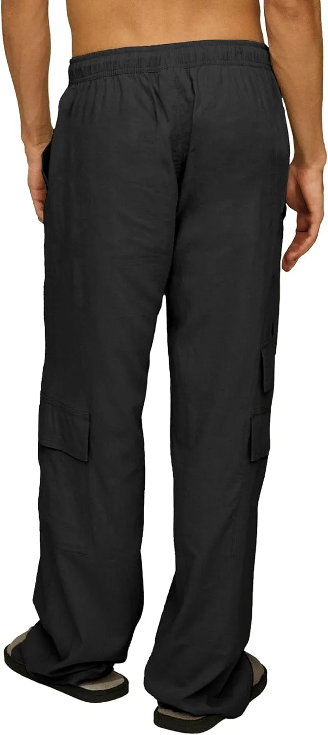 Mens Casual Linen Cargo Pants Elastic Waist Beach Pant Relaxed Fit Straight Leg Sweatpants Trousers with Pockets