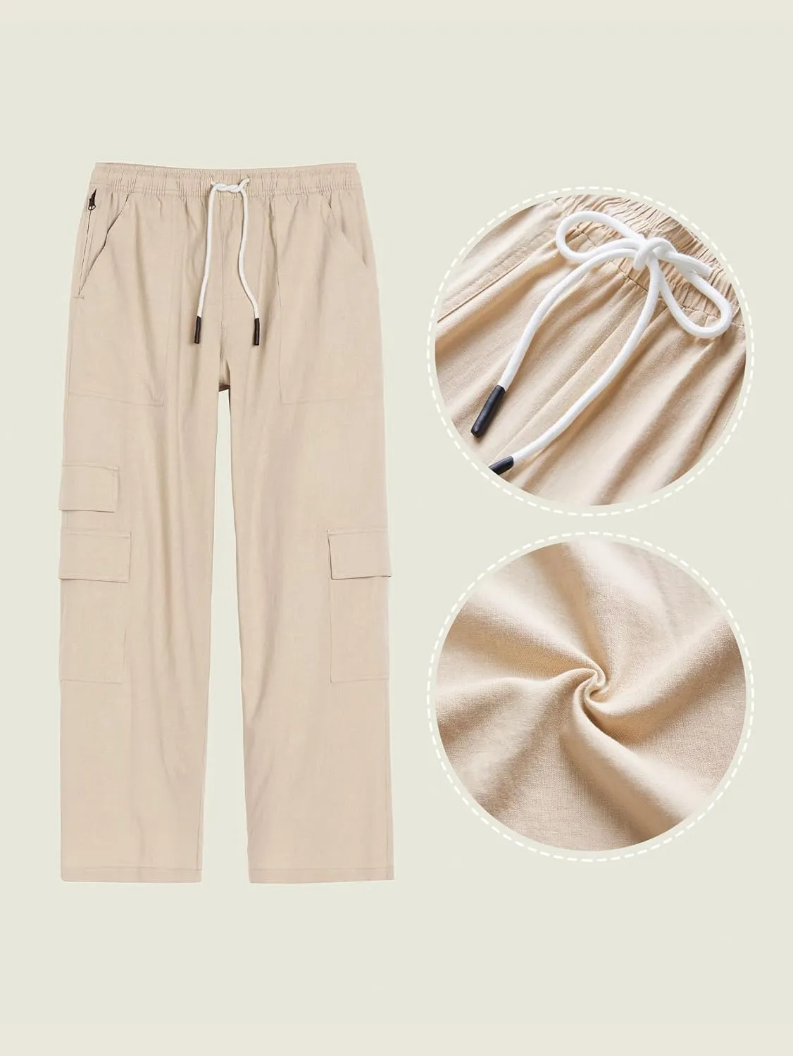 Mens Casual Linen Cargo Pants Elastic Waist Beach Pant Relaxed Fit Straight Leg Sweatpants Trousers with Pockets