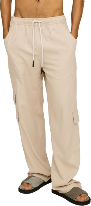 Mens Casual Linen Cargo Pants Elastic Waist Beach Pant Relaxed Fit Straight Leg Sweatpants Trousers with Pockets