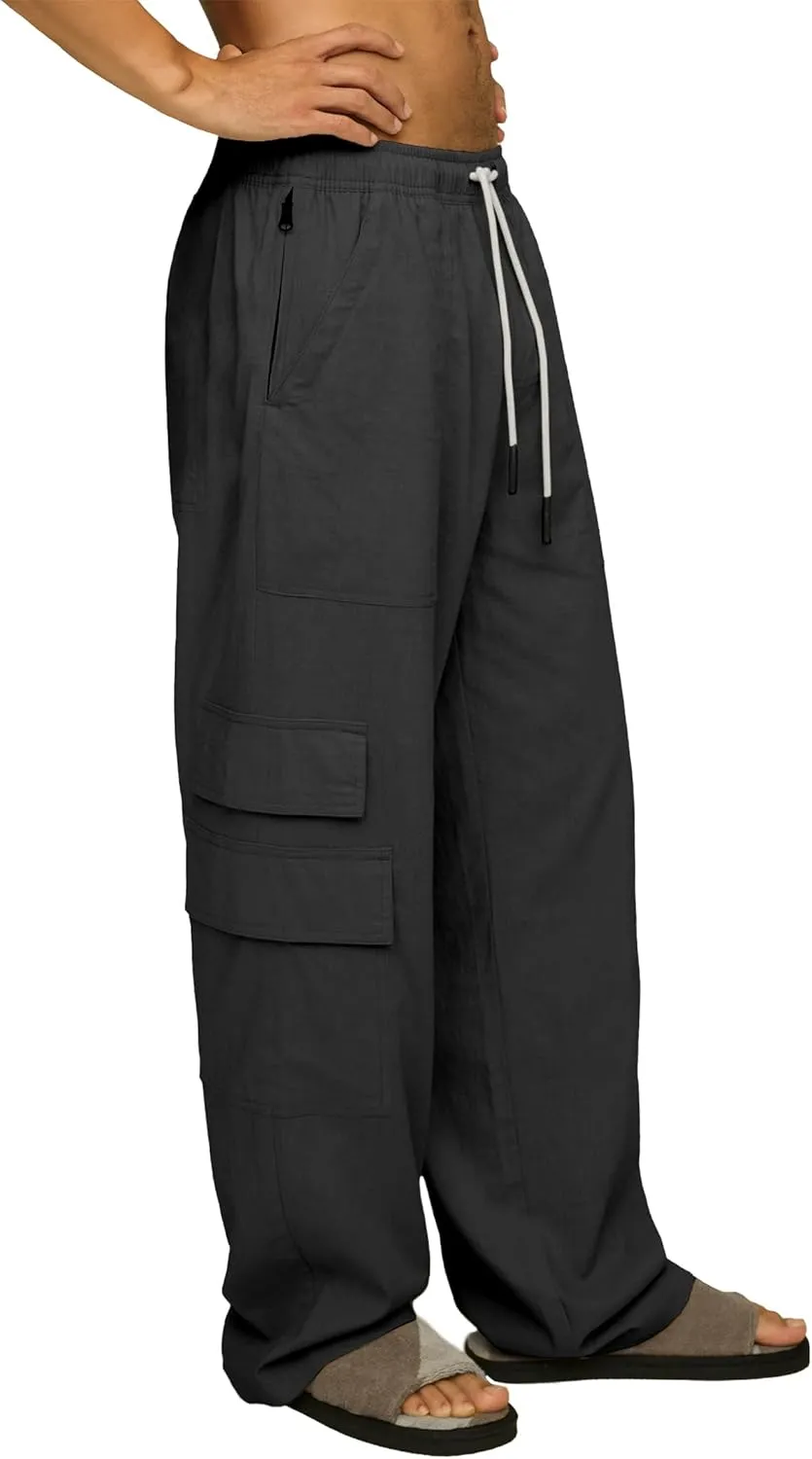 Mens Casual Linen Cargo Pants Elastic Waist Beach Pant Relaxed Fit Straight Leg Sweatpants Trousers with Pockets