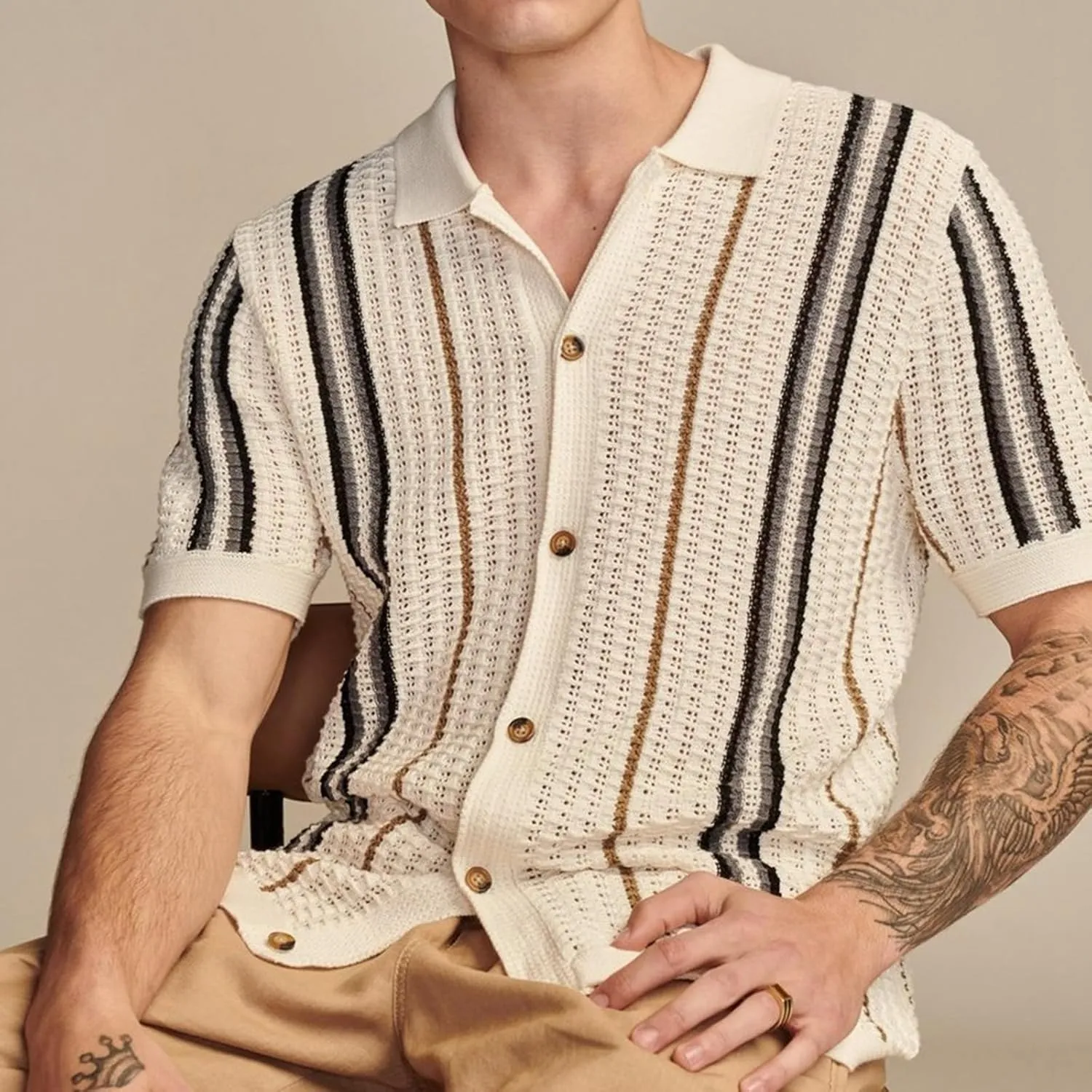 Men's Hollow Out Knit Cardigan Short Sleeve Striped Button Down Summer Casual Beach Shirts Tops