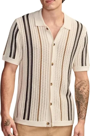 Men's Hollow Out Knit Cardigan Short Sleeve Striped Button Down Summer Casual Beach Shirts Tops