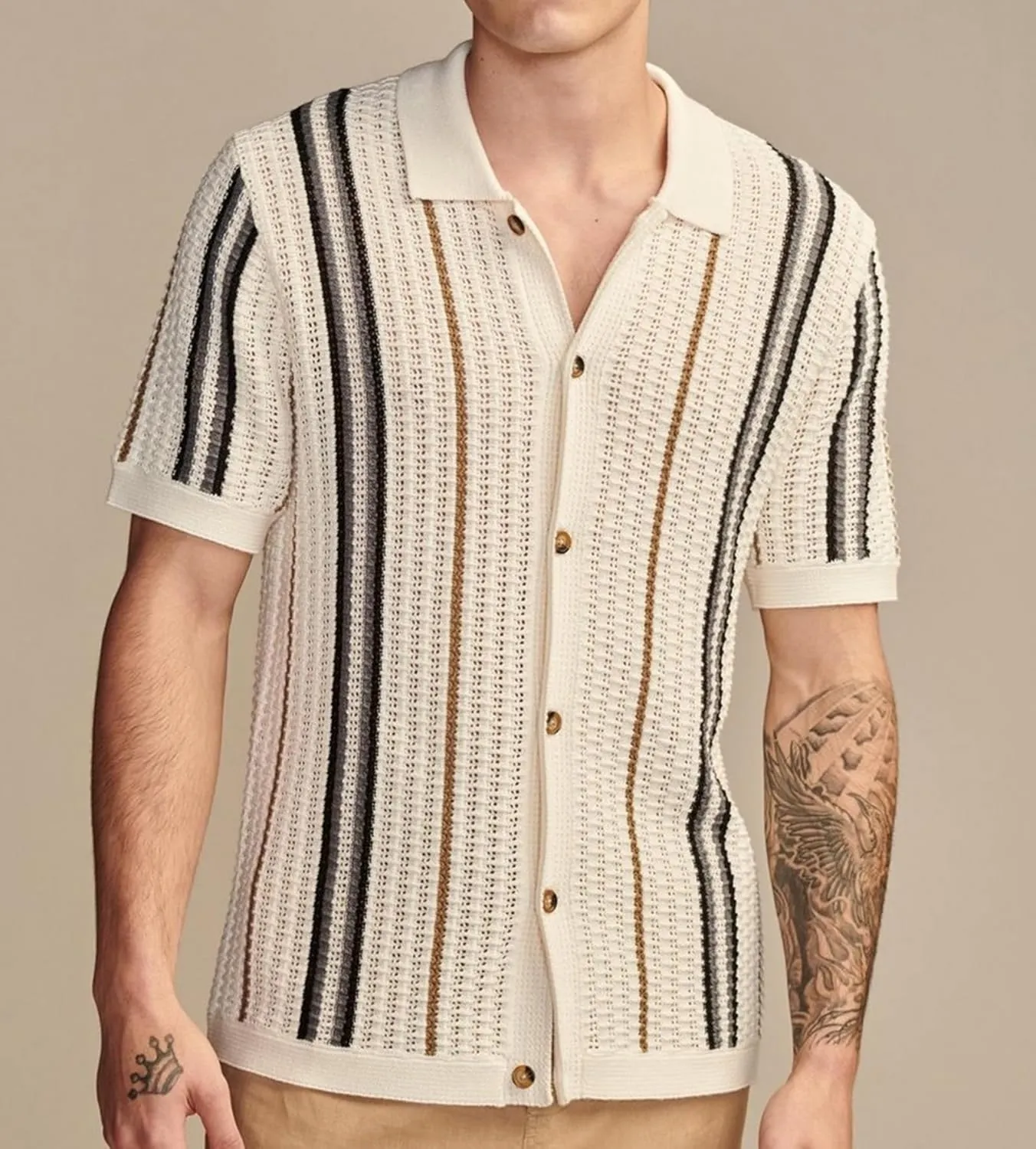 Men's Hollow Out Knit Cardigan Short Sleeve Striped Button Down Summer Casual Beach Shirts Tops
