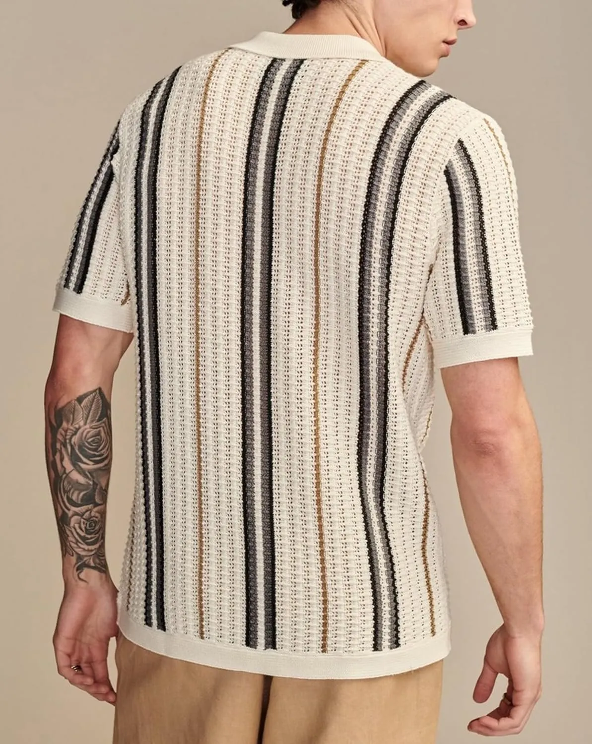 Men's Hollow Out Knit Cardigan Short Sleeve Striped Button Down Summer Casual Beach Shirts Tops