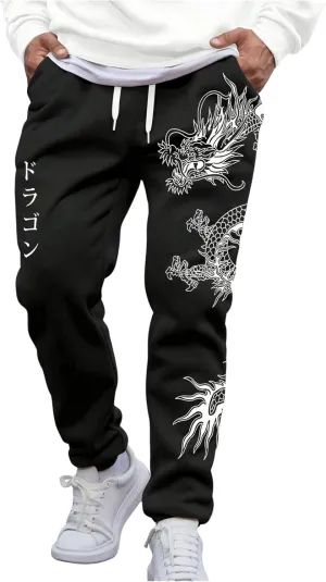 Men's Plus Size Dragon Graphic Sweatpants Japanese Letter Drawstring Waist Joggers Streetwear