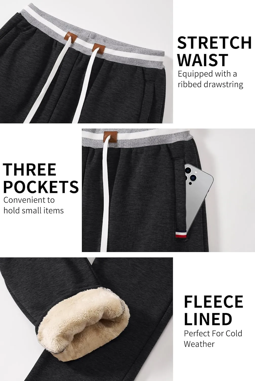 Mens Winter Fleece Joggers Sherpa Lined Sweatpants Active Running Pants Open Bottom (S-XXL)
