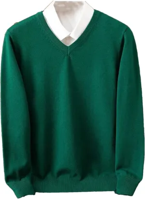 Merino Wool Sweater Men's V-Neck Pullover Tops Autumn Winter Solid Color Versatile Basic Sweater