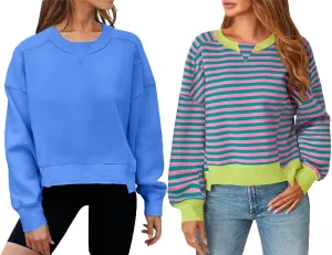 MEROKEETY Women's Cropped Sweatshirts Solid Color and Striped Bundle