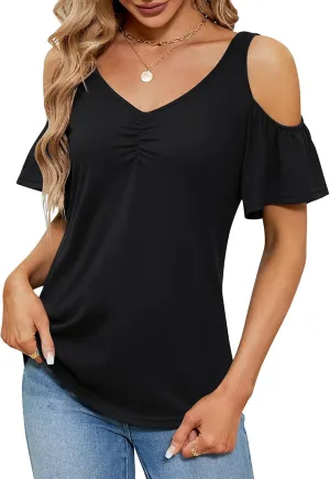 Micoson Cold Shoulder Tops for Women Summer Short Sleeve Shirts Ladies Floral Ruched Blouse Classic Cute V Neck Tunic