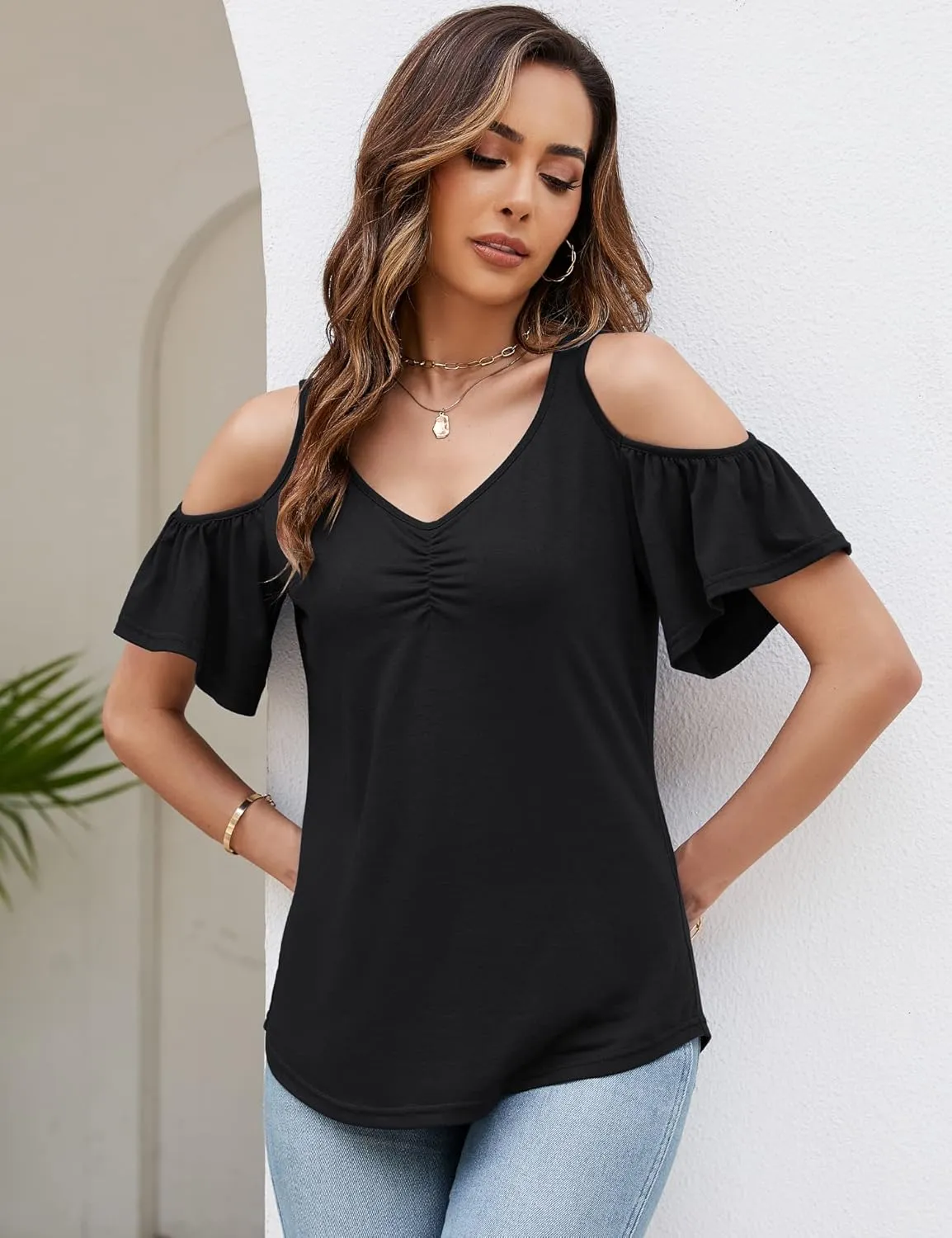 Micoson Cold Shoulder Tops for Women Summer Short Sleeve Shirts Ladies Floral Ruched Blouse Classic Cute V Neck Tunic