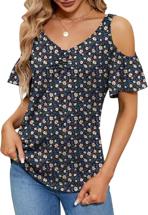 Micoson Cold Shoulder Tops for Women Summer Short Sleeve Shirts Ladies Floral Ruched Blouse Classic Cute V Neck Tunic