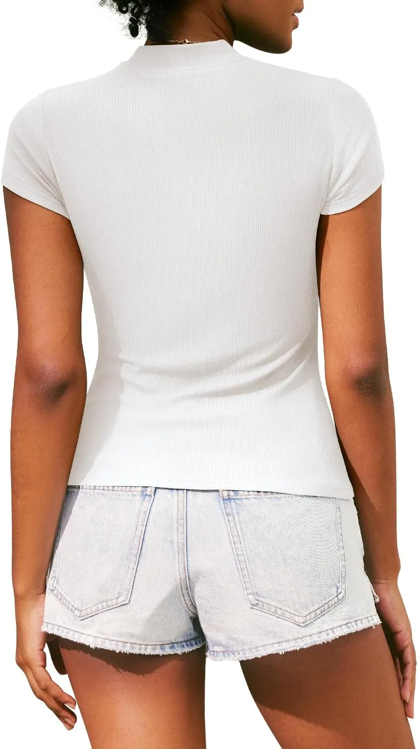 MIHOLL Women's Summer Cap Short Sleeve Tops Mock Neck Ribbed Knit Slim Fit Casual Basic Tee T Shirts