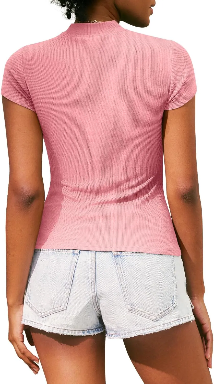 MIHOLL Women's Summer Cap Short Sleeve Tops Mock Neck Ribbed Knit Slim Fit Casual Basic Tee T Shirts