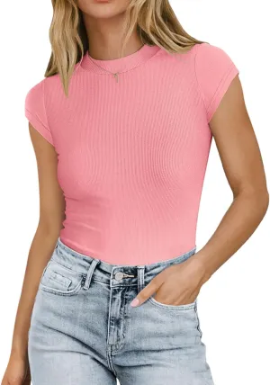 MIHOLL Women's Summer Cap Short Sleeve Tops Mock Neck Ribbed Knit Slim Fit Casual Basic Tee T Shirts