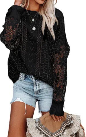 MINTLIMIT Women's Lace Crochet Long Sleeve Hollow Out Sweater Top Casual Loose Knit Cardigan Pullover Blouses Tops