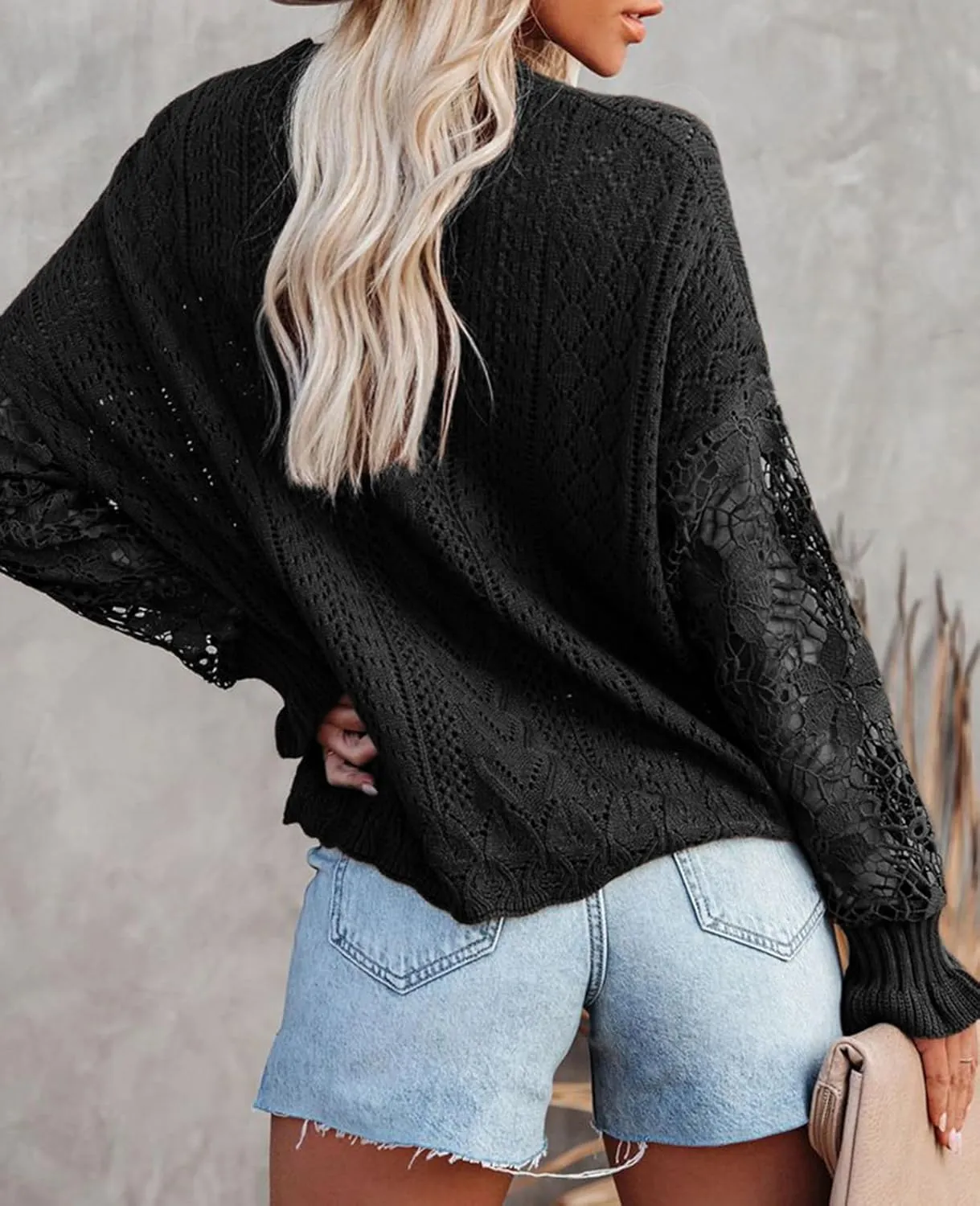 MINTLIMIT Women's Lace Crochet Long Sleeve Hollow Out Sweater Top Casual Loose Knit Cardigan Pullover Blouses Tops