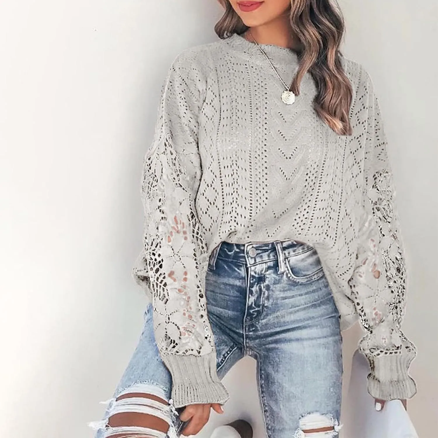MINTLIMIT Women's Lace Crochet Long Sleeve Hollow Out Sweater Top Casual Loose Knit Cardigan Pullover Blouses Tops