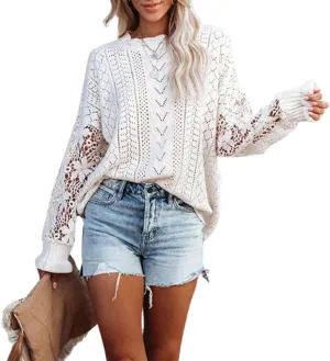 MINTLIMIT Women's Lace Crochet Long Sleeve Hollow Out Sweater Top Casual Loose Knit Cardigan Pullover Blouses Tops