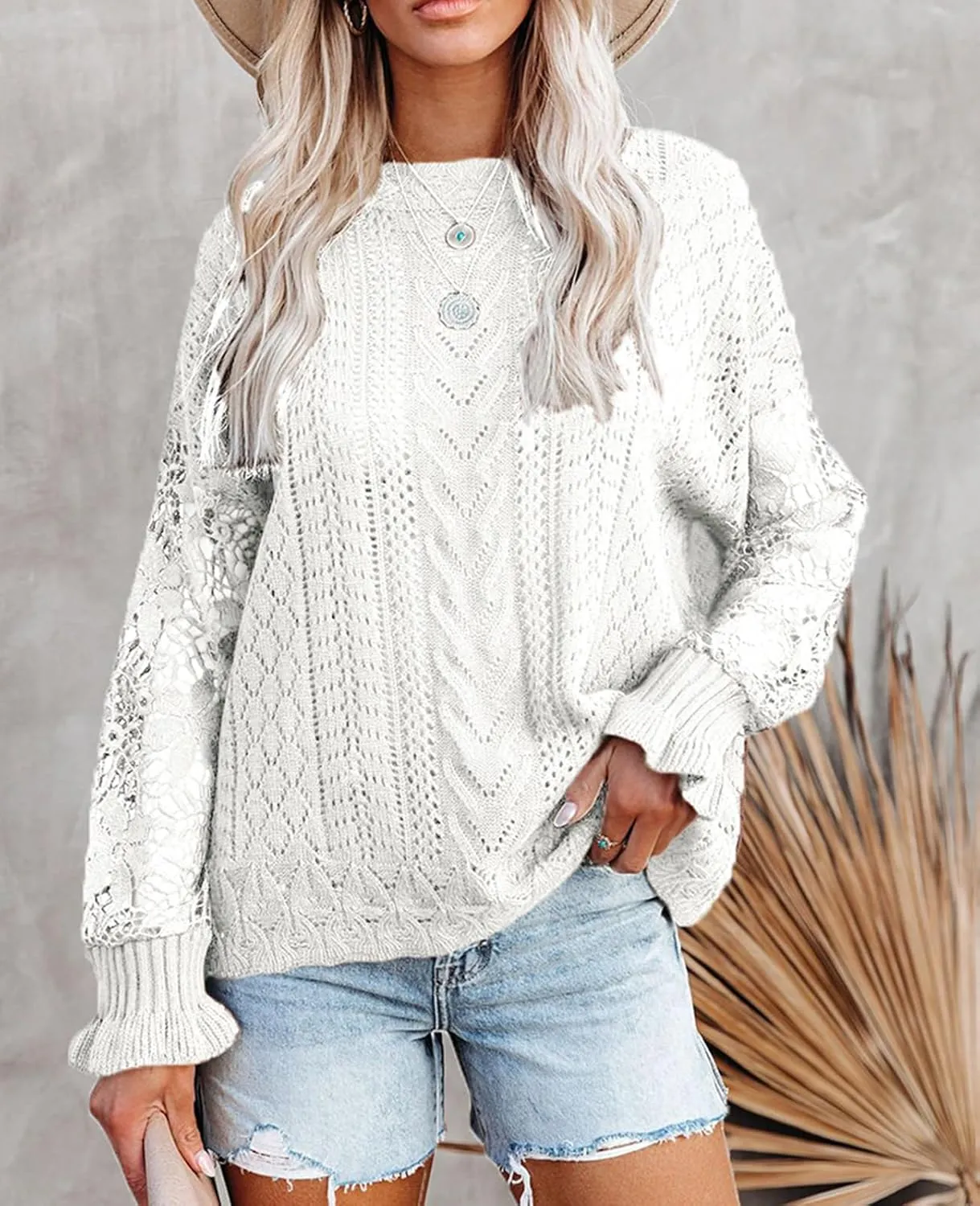 MINTLIMIT Women's Lace Crochet Long Sleeve Hollow Out Sweater Top Casual Loose Knit Cardigan Pullover Blouses Tops