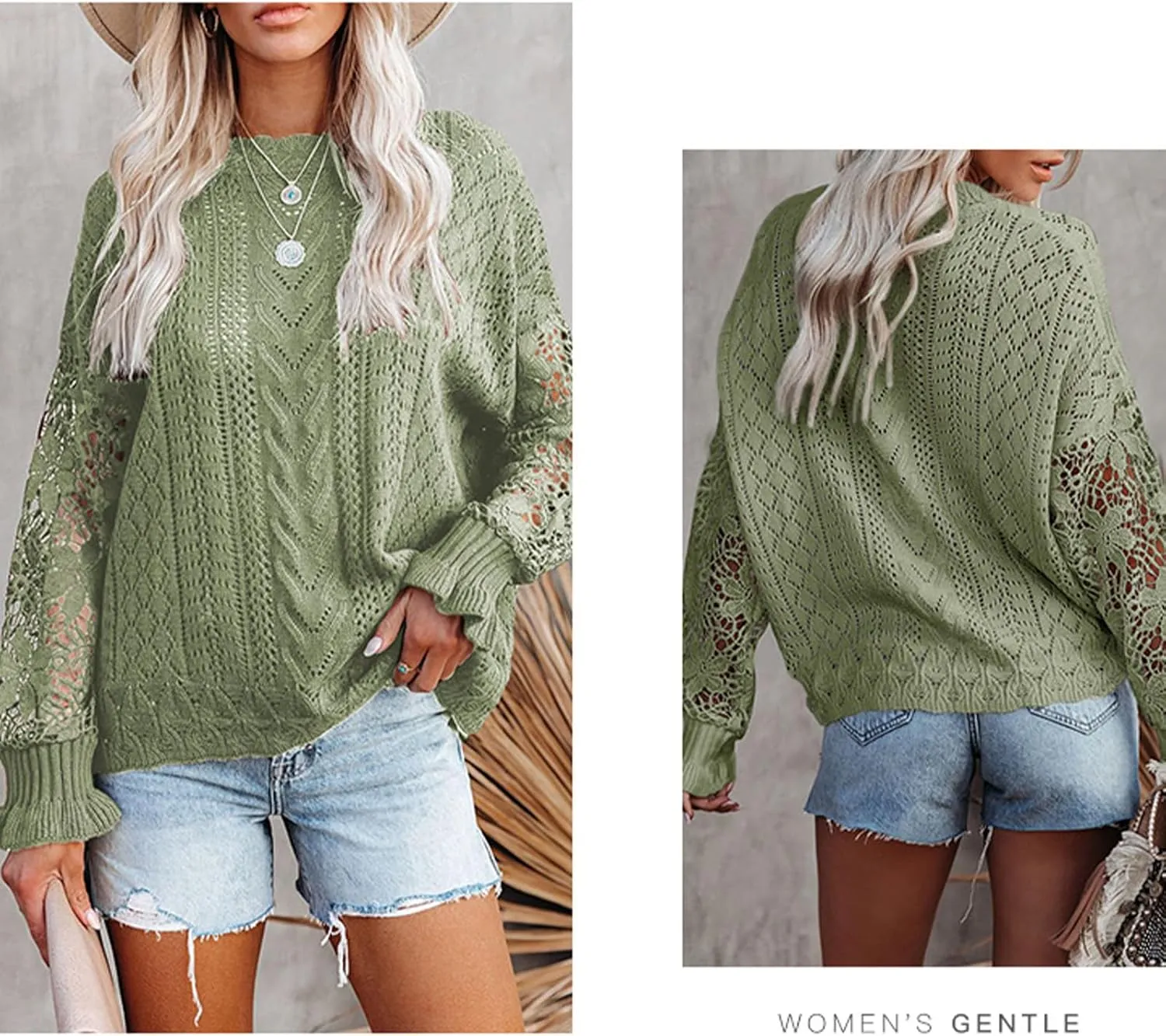 MINTLIMIT Women's Lace Crochet Long Sleeve Hollow Out Sweater Top Casual Loose Knit Cardigan Pullover Blouses Tops