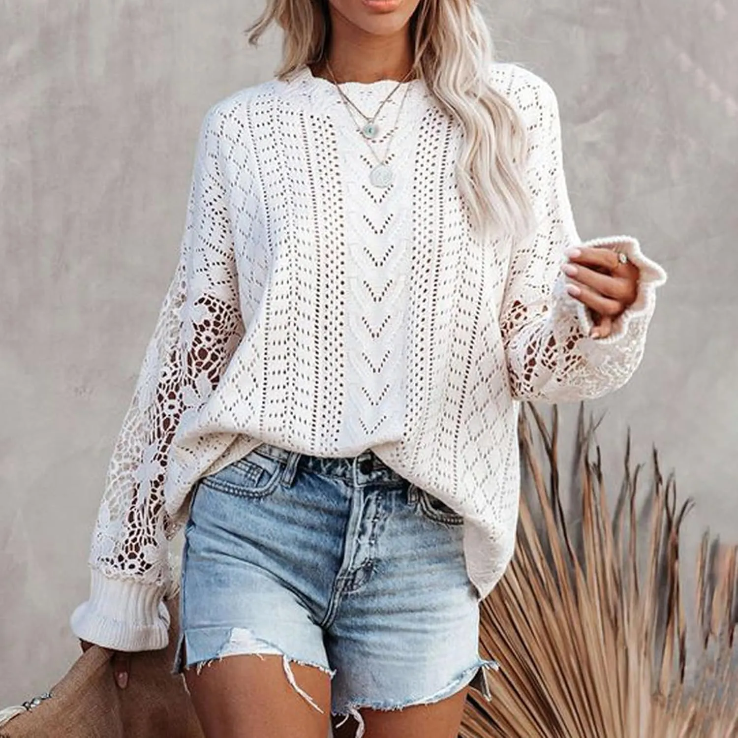 MINTLIMIT Women's Lace Crochet Long Sleeve Hollow Out Sweater Top Casual Loose Knit Cardigan Pullover Blouses Tops