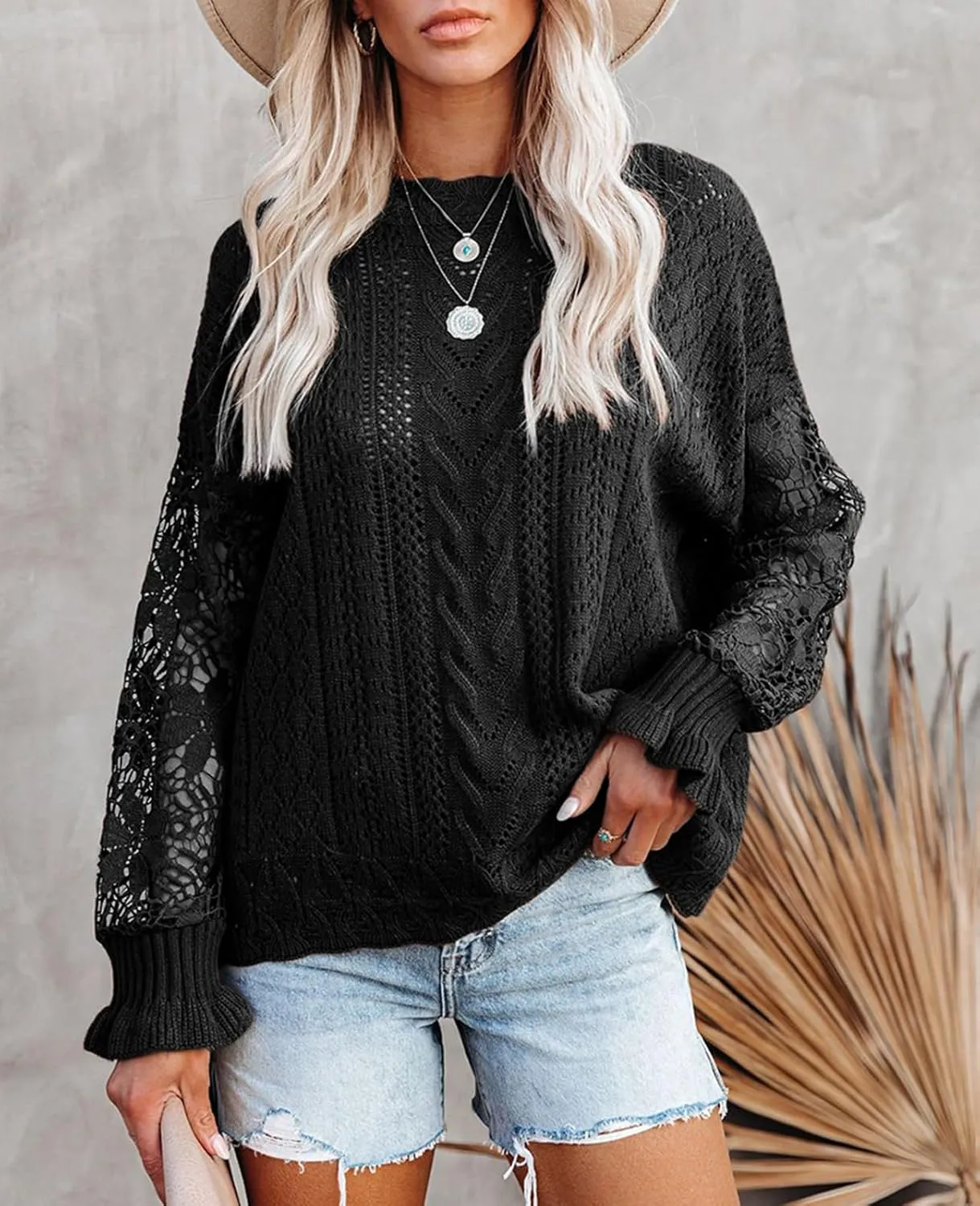 MINTLIMIT Women's Lace Crochet Long Sleeve Hollow Out Sweater Top Casual Loose Knit Cardigan Pullover Blouses Tops