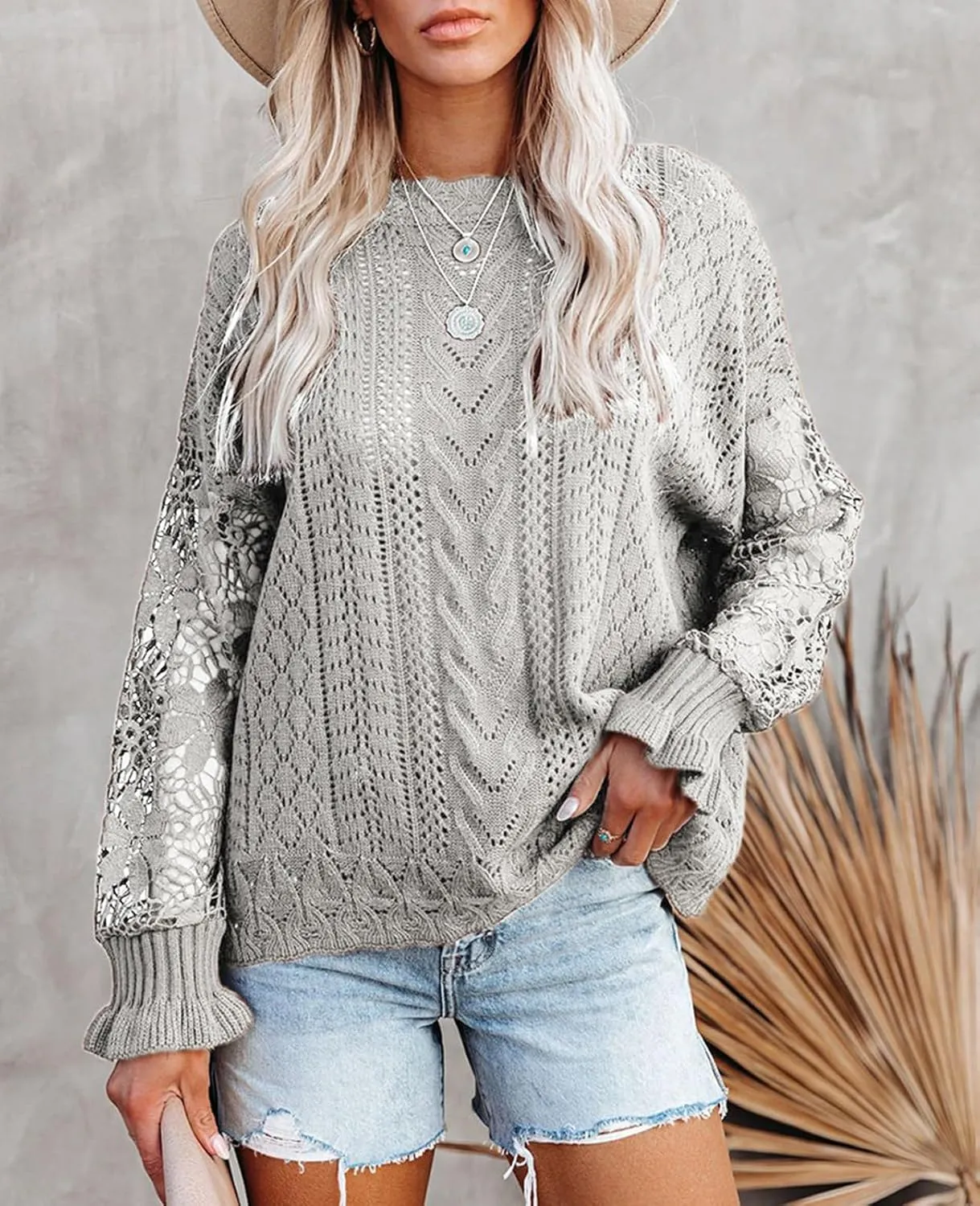 MINTLIMIT Women's Lace Crochet Long Sleeve Hollow Out Sweater Top Casual Loose Knit Cardigan Pullover Blouses Tops