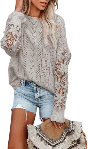 MINTLIMIT Women's Lace Crochet Long Sleeve Hollow Out Sweater Top Casual Loose Knit Cardigan Pullover Blouses Tops