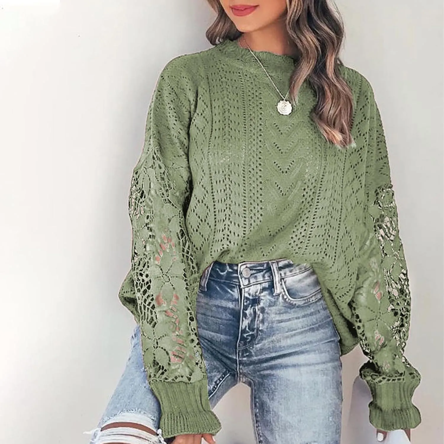 MINTLIMIT Women's Lace Crochet Long Sleeve Hollow Out Sweater Top Casual Loose Knit Cardigan Pullover Blouses Tops