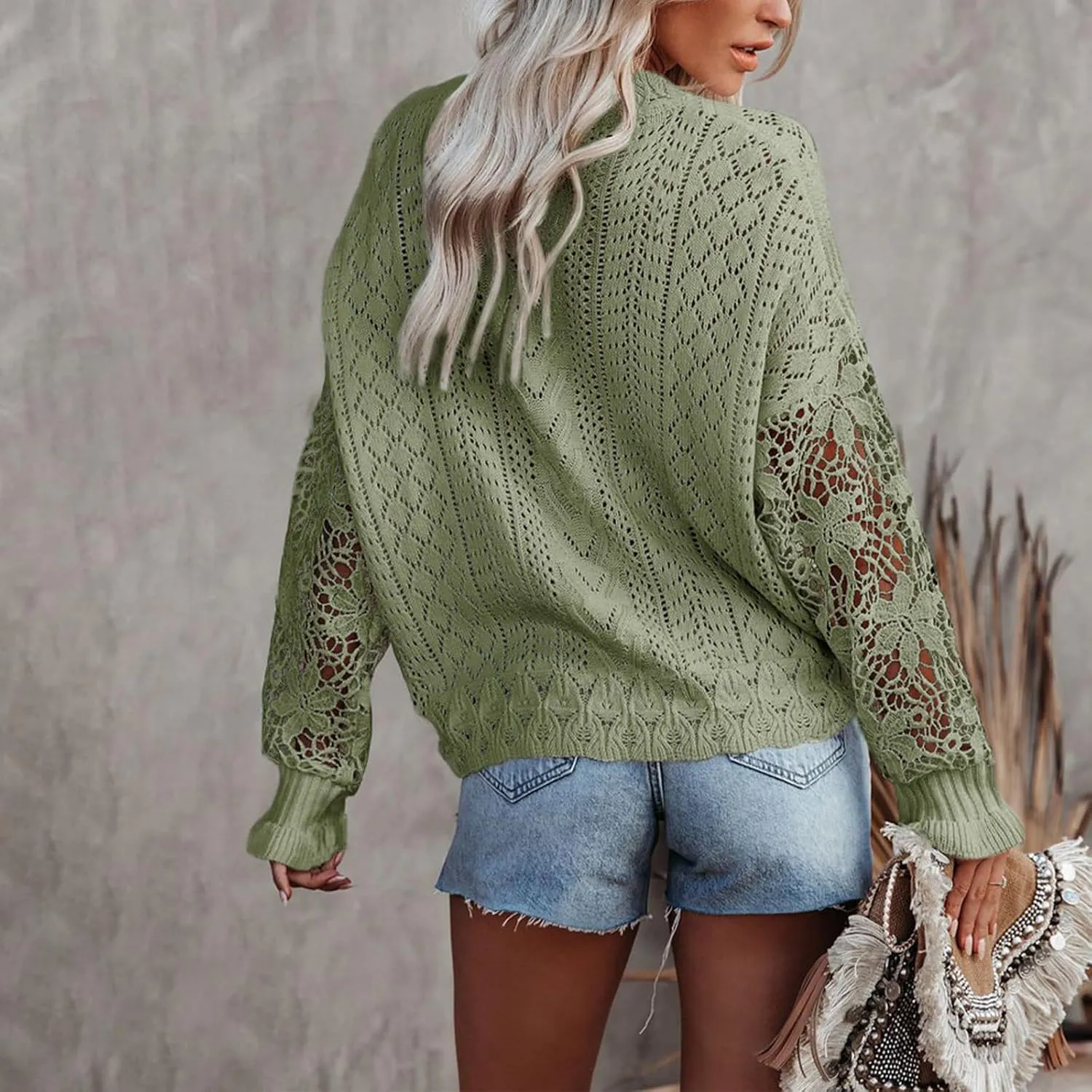 MINTLIMIT Women's Lace Crochet Long Sleeve Hollow Out Sweater Top Casual Loose Knit Cardigan Pullover Blouses Tops