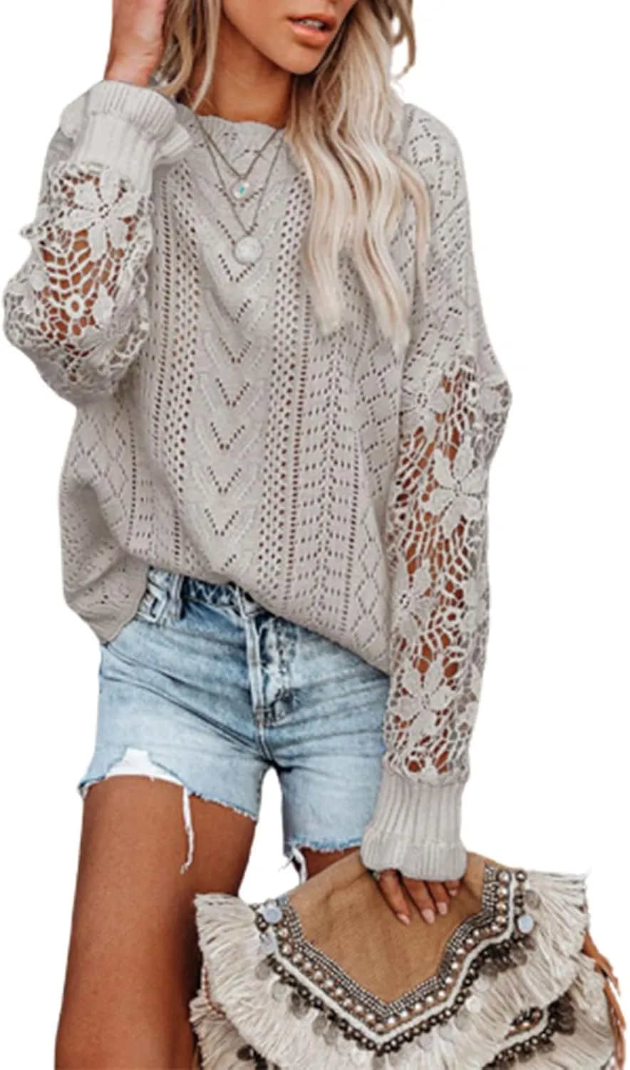 MINTLIMIT Women's Lace Crochet Long Sleeve Hollow Out Sweater Top Casual Loose Knit Cardigan Pullover Blouses Tops
