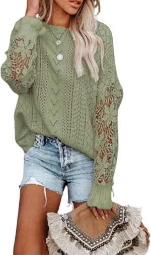 MINTLIMIT Women's Lace Crochet Long Sleeve Hollow Out Sweater Top Casual Loose Knit Cardigan Pullover Blouses Tops