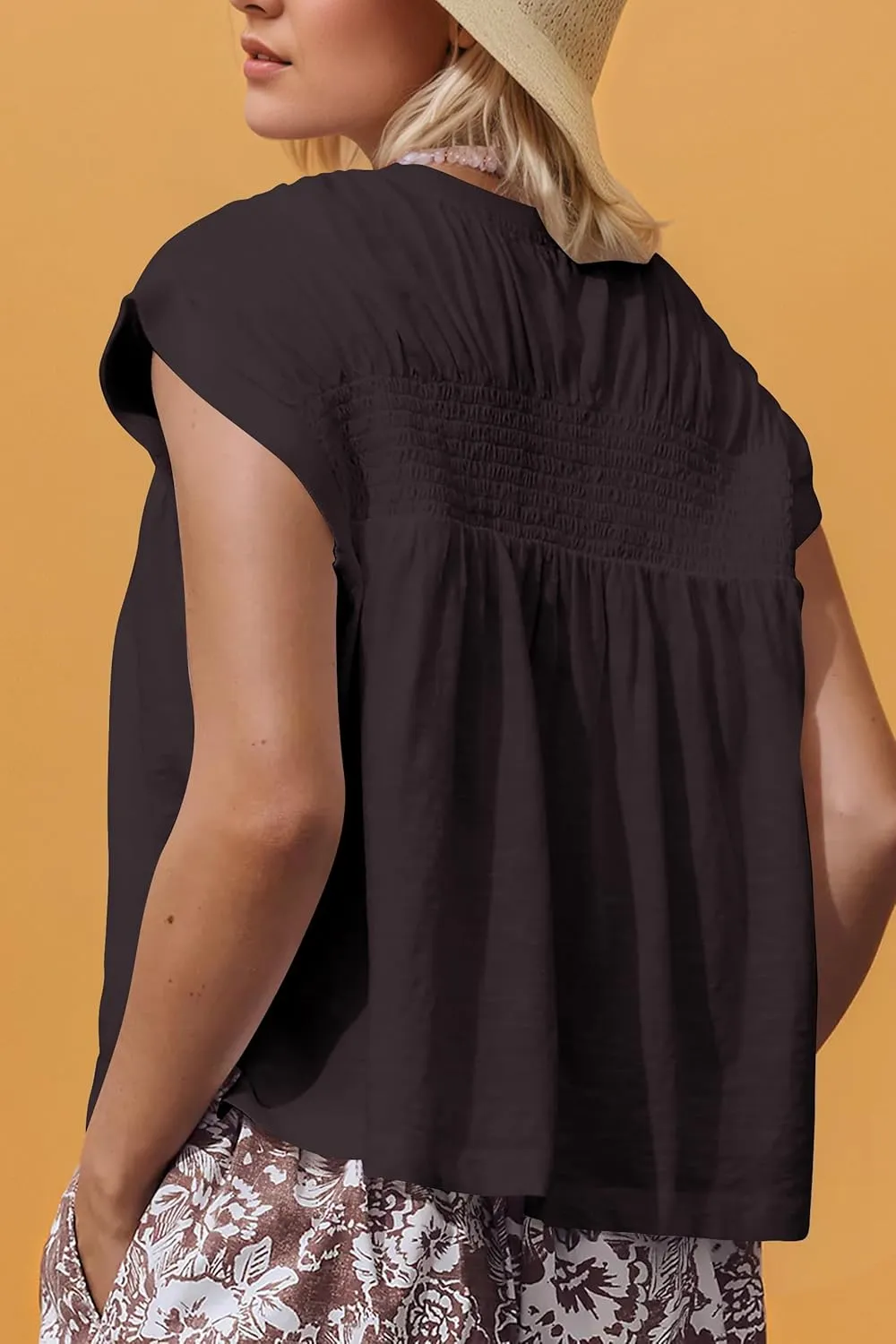 MISSACTIVER Women Smocked Pleated Cap Sleeve Tee Shirt Top Casual Loose Crew Neck Ruffle Solid T-Shirts Summer Tops