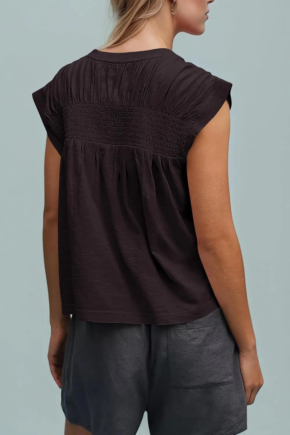 MISSACTIVER Women Smocked Pleated Cap Sleeve Tee Shirt Top Casual Loose Crew Neck Ruffle Solid T-Shirts Summer Tops