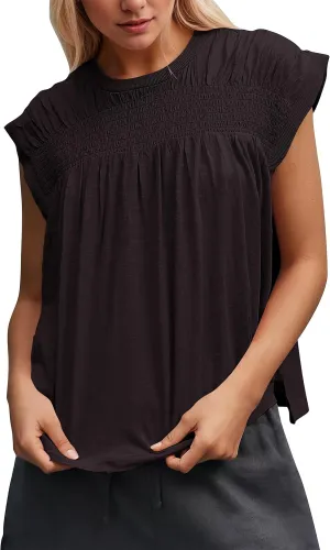 MISSACTIVER Women Smocked Pleated Cap Sleeve Tee Shirt Top Casual Loose Crew Neck Ruffle Solid T-Shirts Summer Tops