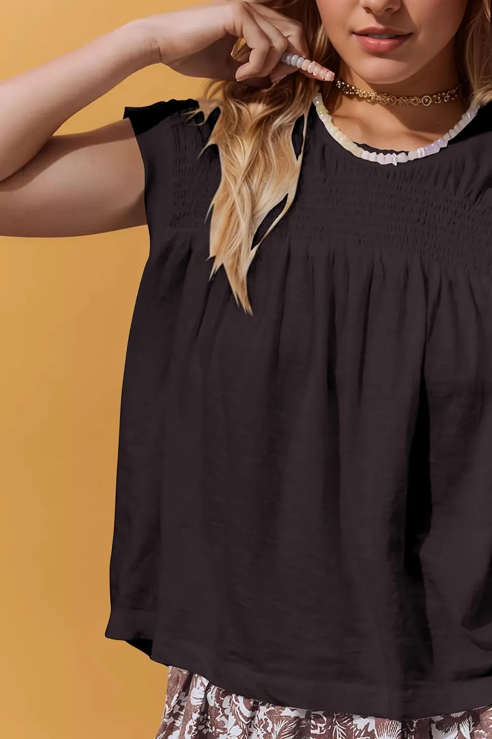 MISSACTIVER Women Smocked Pleated Cap Sleeve Tee Shirt Top Casual Loose Crew Neck Ruffle Solid T-Shirts Summer Tops