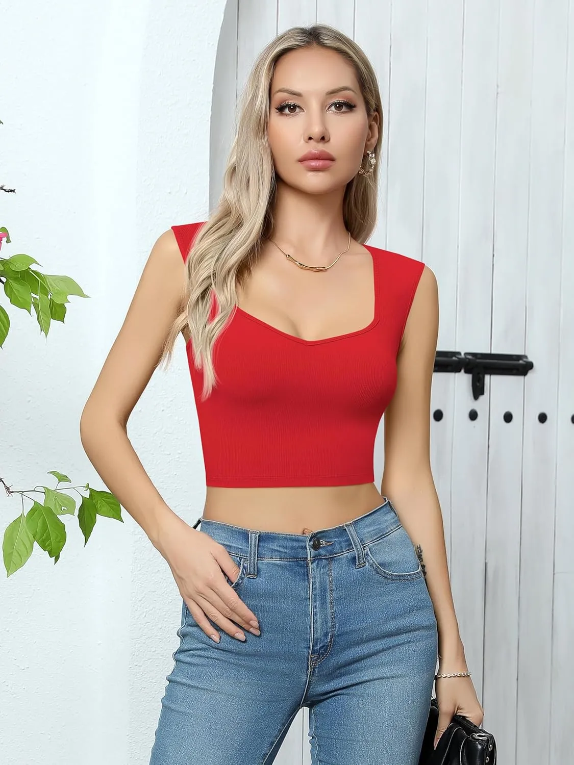 Missufe Women's V Neck Sleeveless Slim Fit Ribbed Knit Summer Crop Tank Top