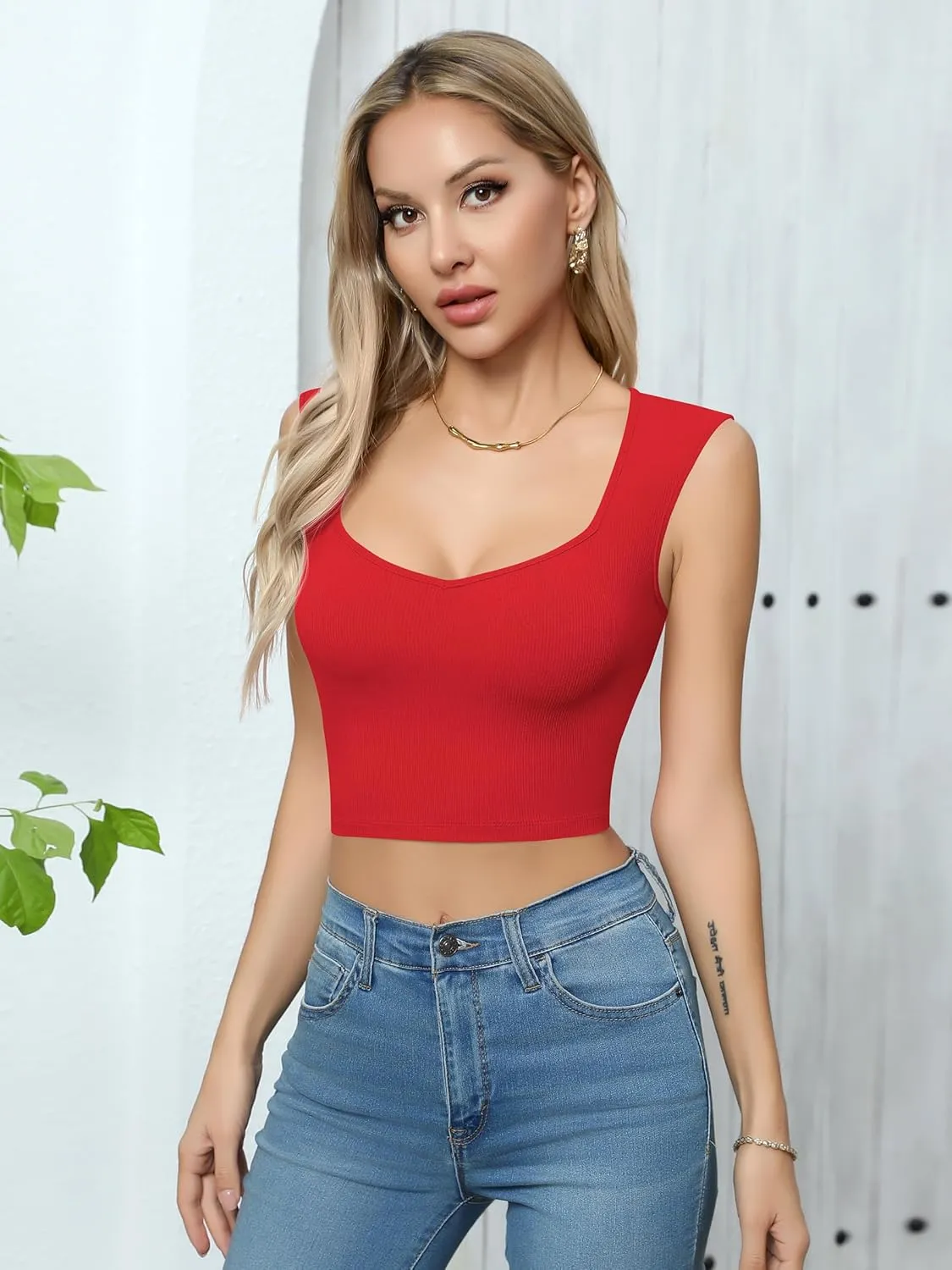 Missufe Women's V Neck Sleeveless Slim Fit Ribbed Knit Summer Crop Tank Top