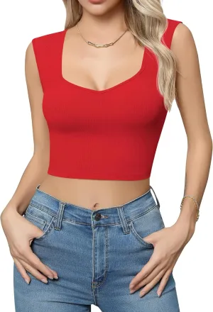 Missufe Women's V Neck Sleeveless Slim Fit Ribbed Knit Summer Crop Tank Top