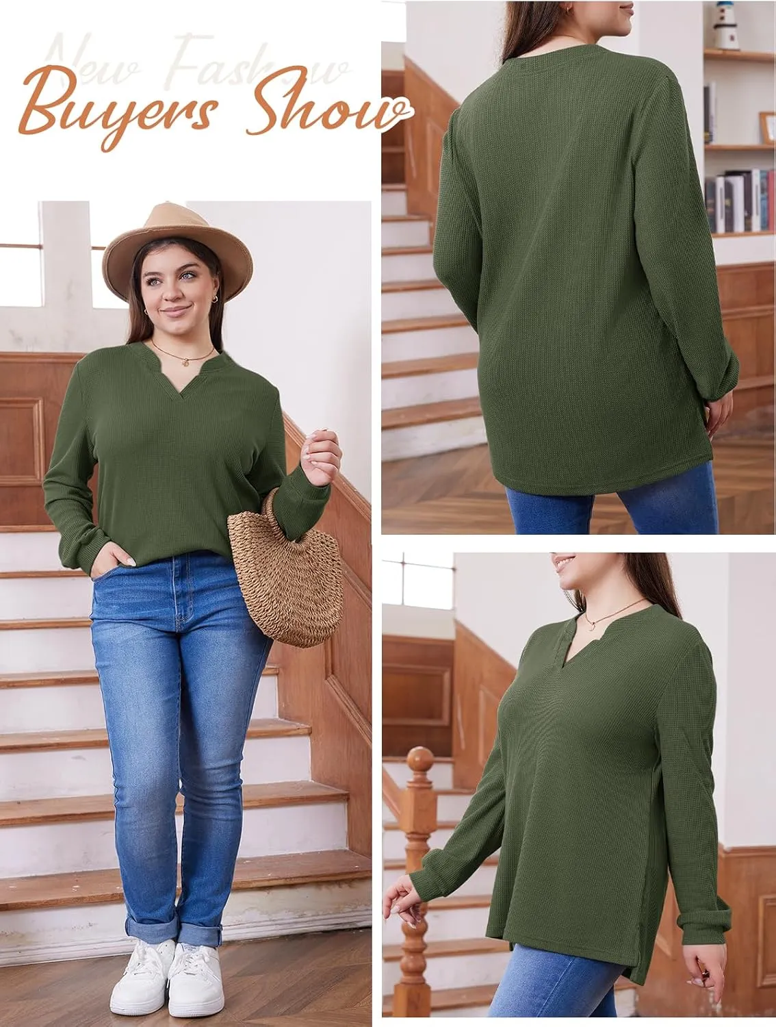 MK Shop Limited Plus Size Sweatshirts For Women Waffle Lightweight Knit Tops Casual Fall V Neck Long Sleeve Loose Tunic Shirt
