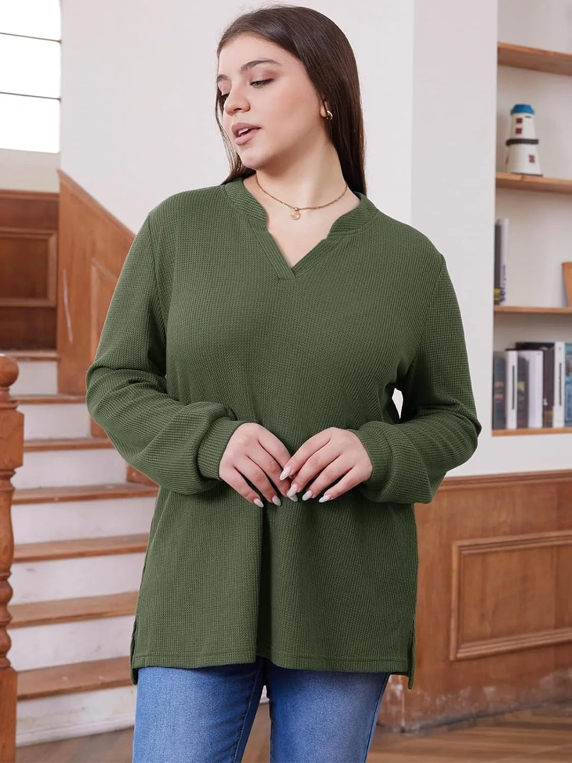 MK Shop Limited Plus Size Sweatshirts For Women Waffle Lightweight Knit Tops Casual Fall V Neck Long Sleeve Loose Tunic Shirt