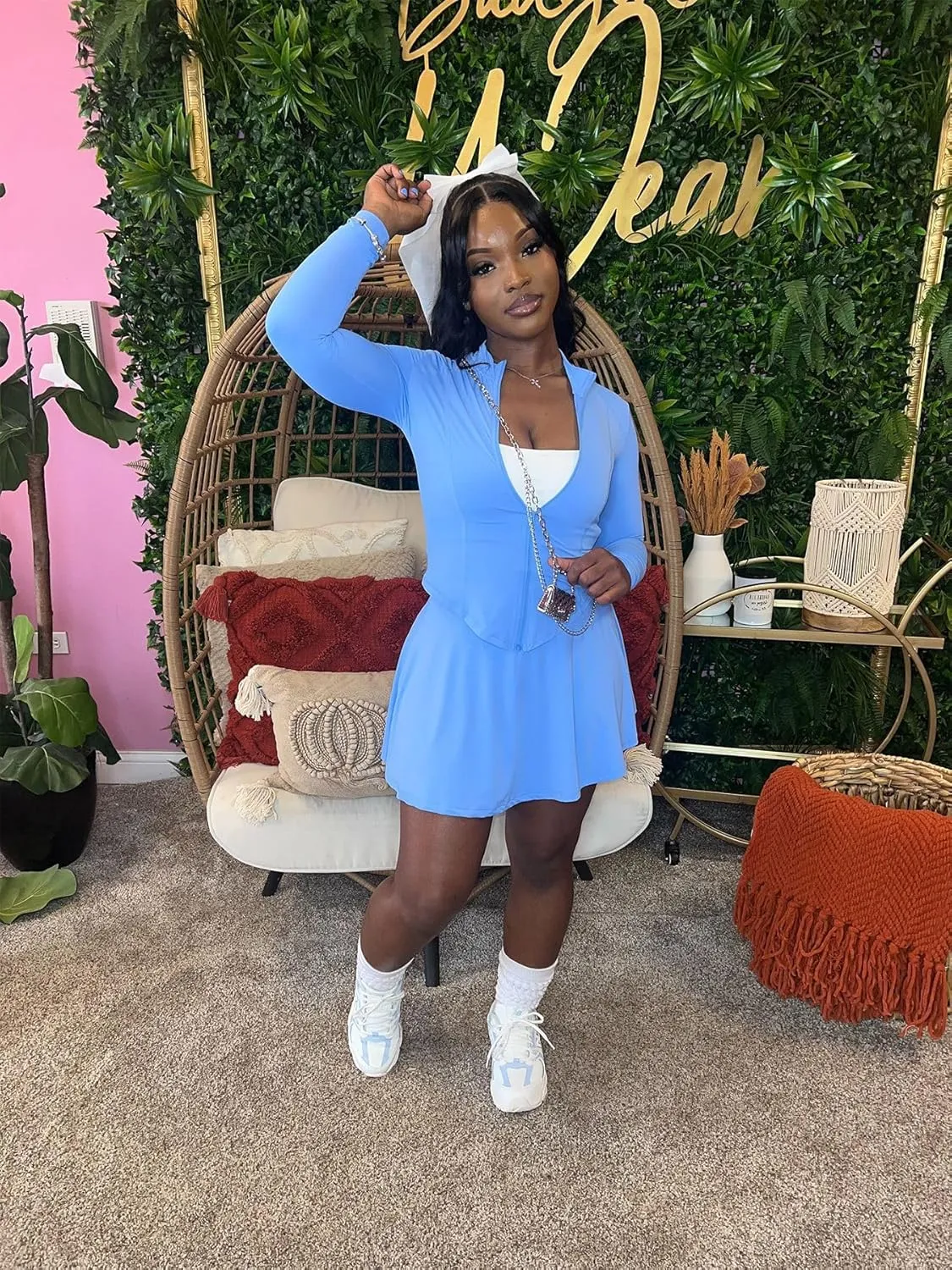 Molilove Sexy 2 Piece Skirt Sets for Women Long Sleeve Zipper Jacket Pleated Mini Dress with Shorts Tennis Workout Outfits