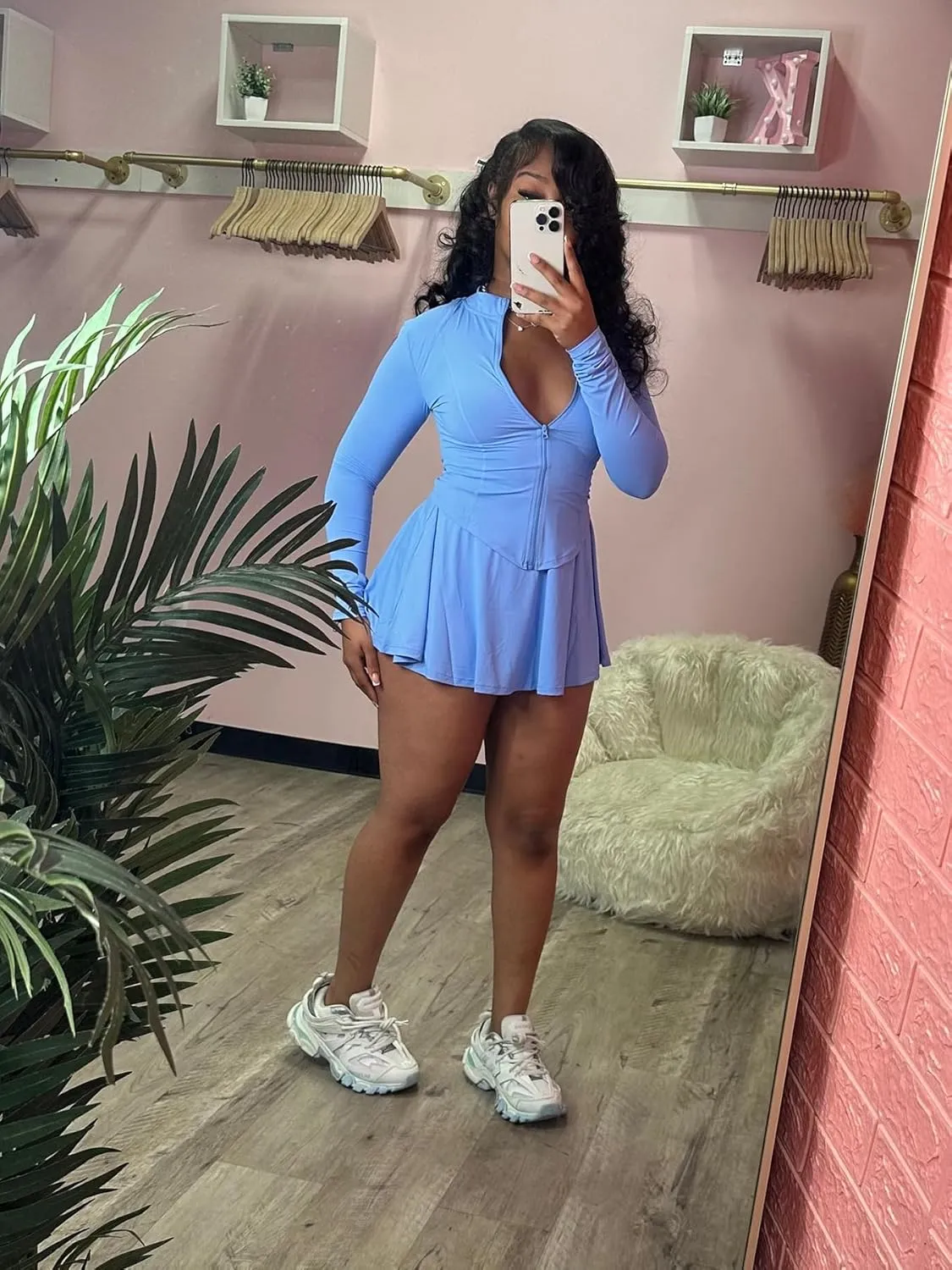 Molilove Sexy 2 Piece Skirt Sets for Women Long Sleeve Zipper Jacket Pleated Mini Dress with Shorts Tennis Workout Outfits