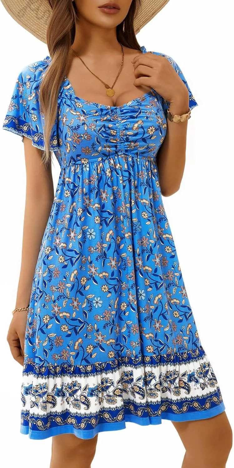 MSBASIC Womens Summer Dresses Sweetheart Neckline Boho Sundress Midi Ruffle Sleeve Vacation Dress