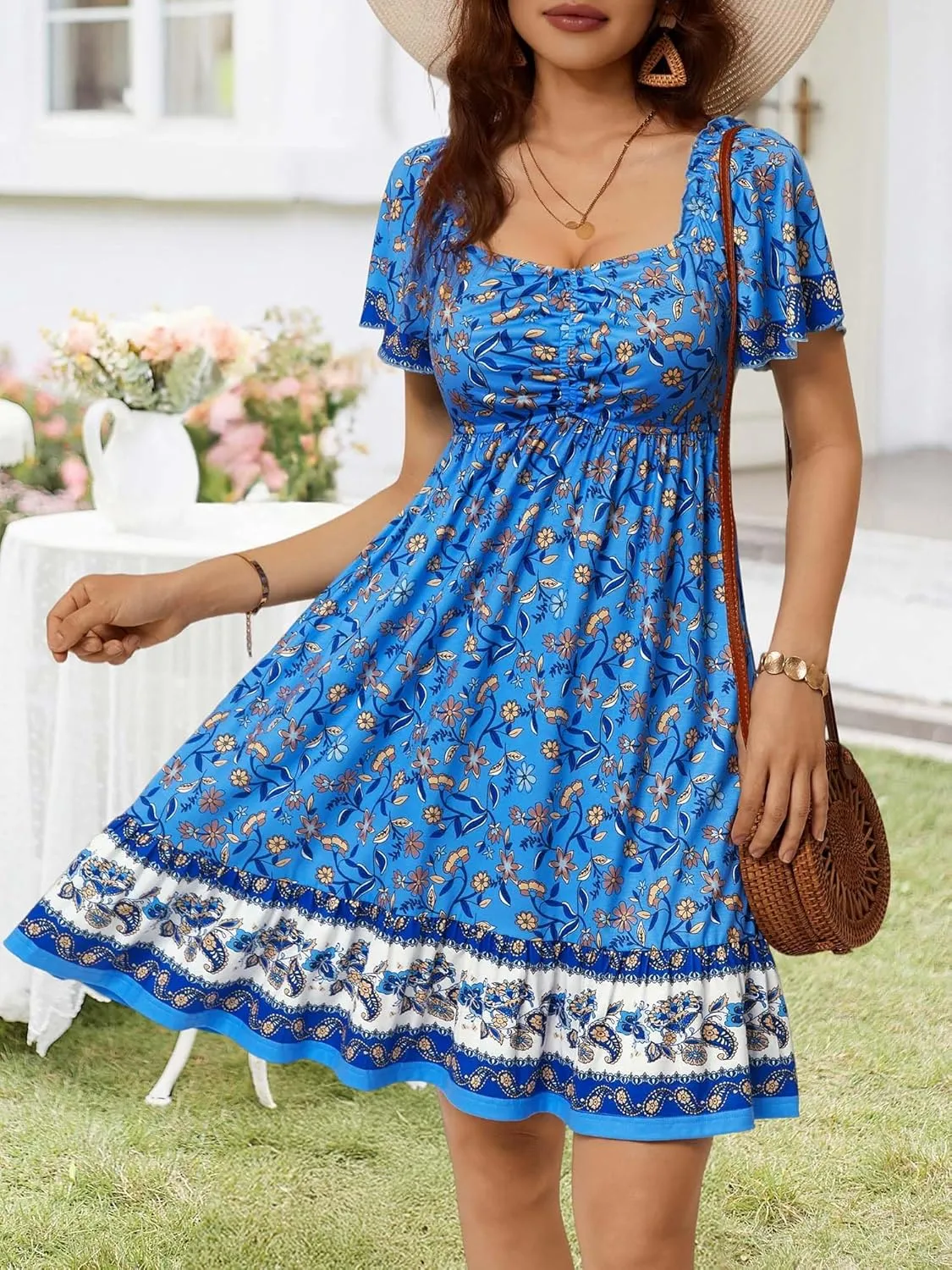 MSBASIC Womens Summer Dresses Sweetheart Neckline Boho Sundress Midi Ruffle Sleeve Vacation Dress