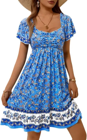 MSBASIC Womens Summer Dresses Sweetheart Neckline Boho Sundress Midi Ruffle Sleeve Vacation Dress