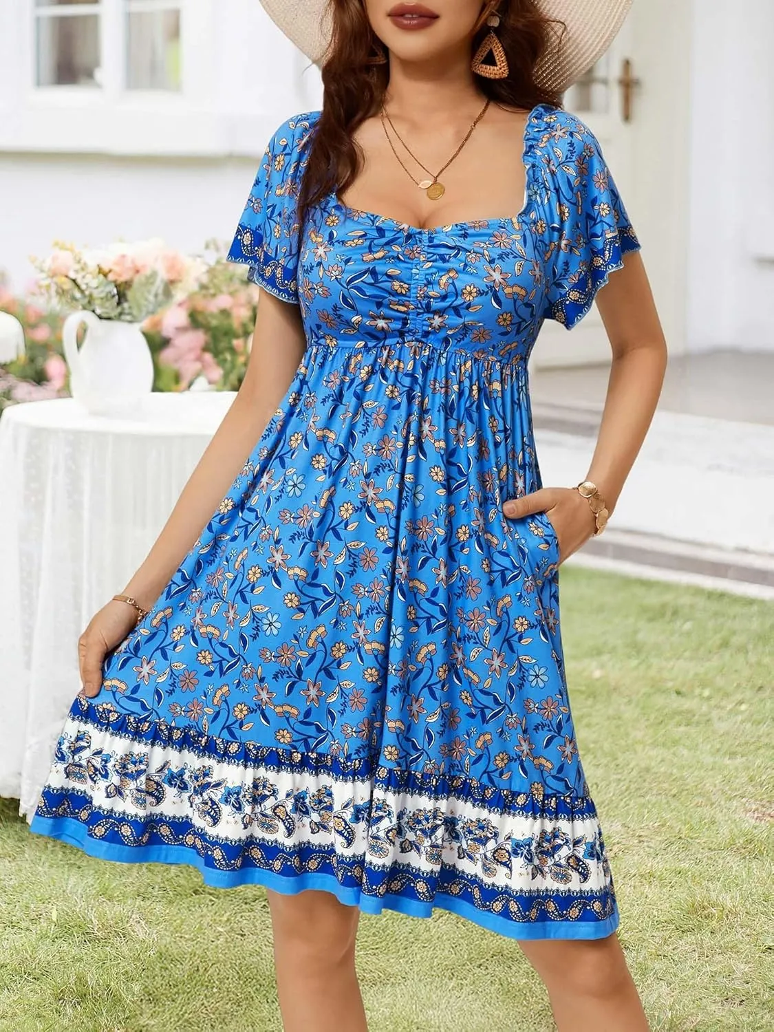 MSBASIC Womens Summer Dresses Sweetheart Neckline Boho Sundress Midi Ruffle Sleeve Vacation Dress