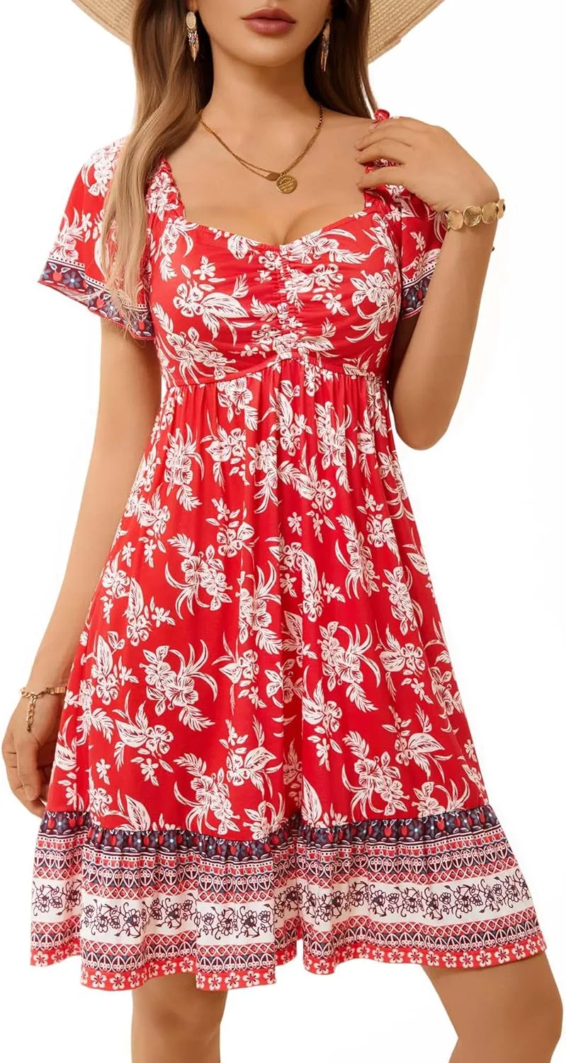 MSBASIC Womens Summer Dresses Sweetheart Neckline Boho Sundress Midi Ruffle Sleeve Vacation Dress