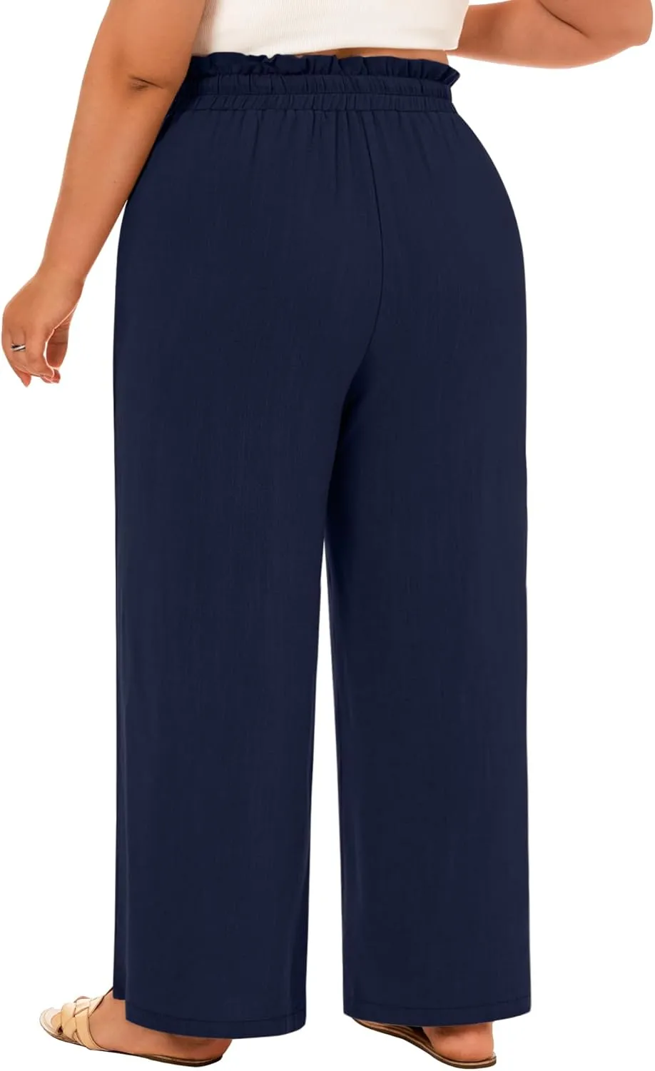 Neer Women's Plus Size Linen Pants High Waist Wide Leg Casual Drawstring Loose Straight Palazzo Pants with Pockets