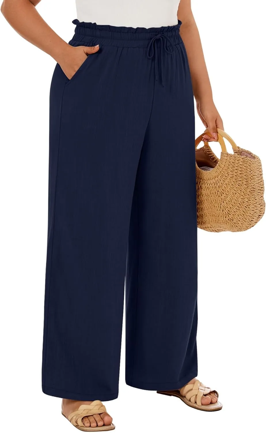 Neer Women's Plus Size Linen Pants High Waist Wide Leg Casual Drawstring Loose Straight Palazzo Pants with Pockets